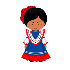 Woman in national costume. Female cartoon character in traditional ethnic clothes. Flat isolated illustration. 