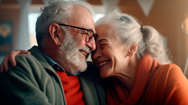 Older couple smiling and embracing each other in a living room. Generative Ai. 