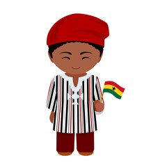 Man in national costume. Male cartoon character in traditional ethnic clothes holding flag. Flat isolated illustration.