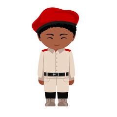 Man in national costume. Male cartoon character in traditional ethnic clothes holding flag. Flat isolated illustration.