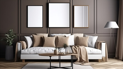 mock-up in home interior background with sofa, table and decor in living room