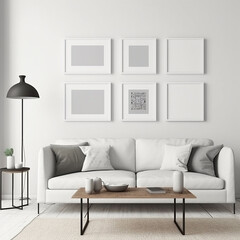 stylish living room interior with frames on the wall, generative AI