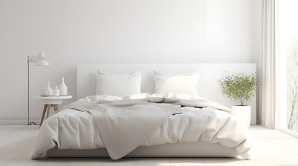 Fototapeta na wymiar Modern white bedroom interior close up with minimal decor 