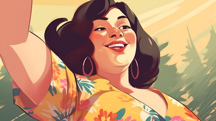 Smiling plus size woman mackung selfie. Social media body positive, commercial retro style illustration 1950s
