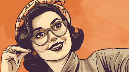 Smiling plus size woman mackung selfie. Social media body positive, commercial retro style illustration 1950s