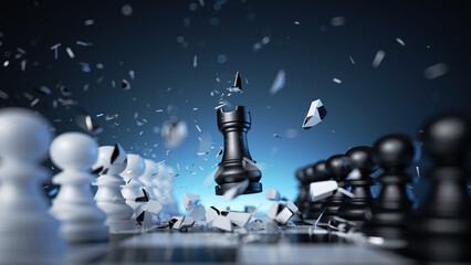 3d render, chess game dramatic battle, black rook chess piece aggressive move. Successful business planning, defeat concept © NeoLeo