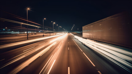 Fototapeta na wymiar Truck driving on highway at night, car headlight light trail speed motion blur,futuristic logistic transportation background 