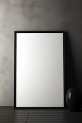 Vertical black frame Blank, white canvas mockup close up on wall 