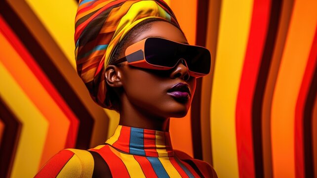Fototapeta Young african female model wearing VR posing with trendy fashion outfit and colorful orange optical art abstract background. Picturesque generative AI