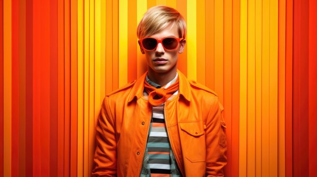 Fototapeta Young male model posing with trendy man fashion outfit and colorful orange optical art abstract background. Picturesque generative AI