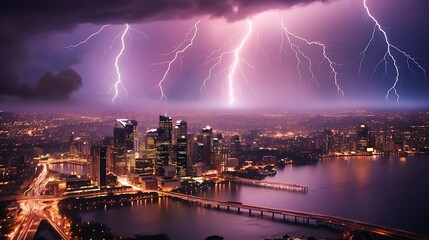 An electrifying image of a lightning storm engulfing, city