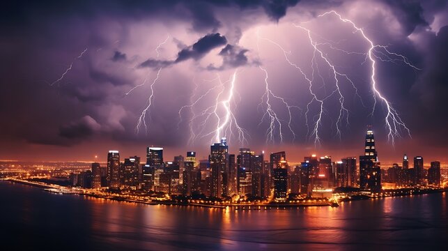 An electrifying image of a lightning storm engulfing, lightning over the city