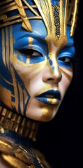 Blue and gold face paint on a woman, mask