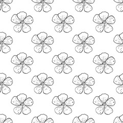 Obraz premium Abstract seamless pattern with flowers. Beautiful blossoming hand drawn flower on white background. Line art wallpaper. Vector stock illustration