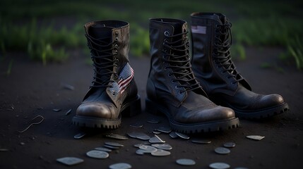 Old military combat boots and a small American flag. boots on the ground created with generative ai 