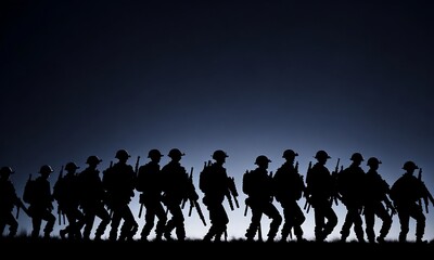 a silhouette of american soldiers marching in formation, with the full moon in the foreground created with generative ai. concept of memorial day, forth july and independence day