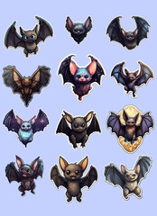 Set of stickers for Halloween with bats in cartoon style