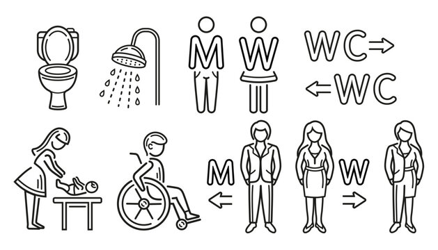 Toilet WC, male and female restroom, disabled person in wheelchair, gender neutral public lavatory line icon set. Man and woman washroom. Mother and baby changing room. Bathroom, shower sign. Vector