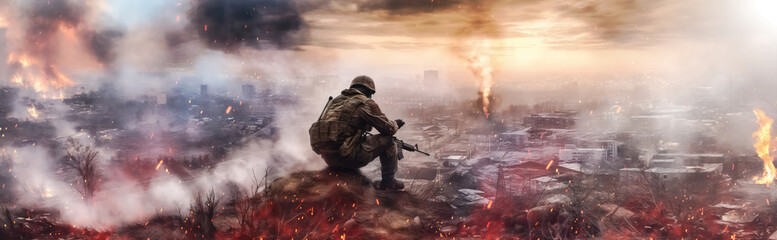 soldier watching over a hill over a destroyed battlefield for aftermath and world war concepts as wide banner with copyspace area - Generative AI