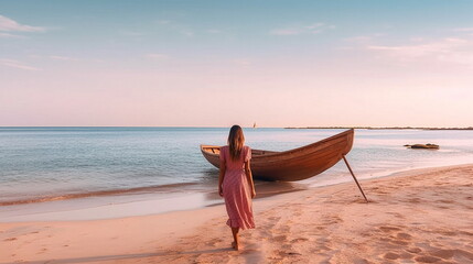 Fototapeta na wymiar young woman relax on sand beach ,wooden boat , at sea blue sky and water wave ,generated ai