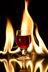 Obraz na płótnie Canvas shot of drink with fire in the background with reflection drink red pepper hot image