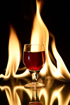 shot of drink with fire in the background with reflection drink red pepper hot image