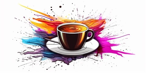 Coffee splash, still life illustration, drawing in vibrantly colors, on a white background