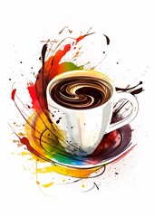 Coffee splash, still life illustration, drawing in vibrantly colors, on a white background