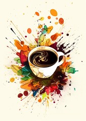 Coffee splash, still life illustration, drawing in vibrantly colors, on a white background