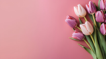 Beautiful bouquet of colorful tulip flowers on pink background, top view. Space for text Generative AI