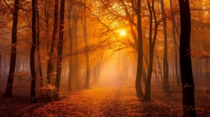 Wall murals Rood violet Magical autumn forest with sun rays in the evening. Trees in fog. Colorful landscape with foggy forest, gold sunlight, orange foliage at sunset. Fairy forest in autumn. Fall woods.Enchanted tree Gener