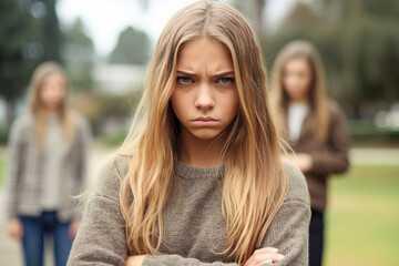 A woman with her arms crossed standing in front of a group of people created with Generative AI technology
