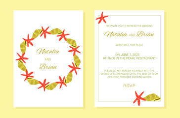 Wedding invitation Summer sea theme plants layout. Starfish, shell. A frame of marine elements with text. Vector illustration.