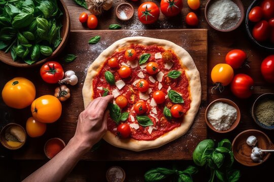 Pizzaiolo stretching out pizza dough on a wooden countertop, surrounded by fresh ingredients like tomatoes, basil, and mozzarella, authentic and vibrant flavors of Italian cuisine. Generative Ai