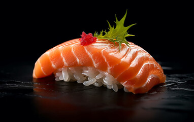 Japanese sushi,  [salmon nigiri] An astonishing image of perfectly prepared and juicy salmon nigiri, artistically captured through the lens of food photography, epitomizing the realm of 　Generative AI