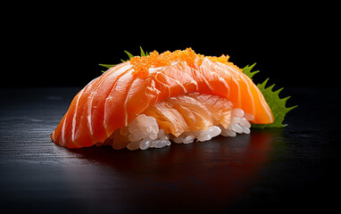 Japanese sushi,  [salmon nigiri] A mesmerizing image that beautifully captures the deliciousness of juicy salmon nigiri, showcasing the skill of food photography and the essence of gourm　Generative AI
