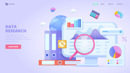 Data research, information search, entry and collecting, data analysis, big data, report. 3d design concept for landing page. Three dimensional vector illustration for website, print, banner