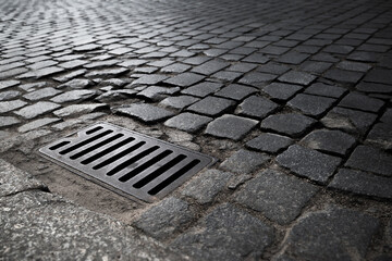 Cast iron grate over the drain. Cast iron grating over the drainage channel. Storm water drain...