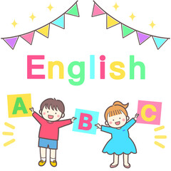 アルファベットカードを持つ笑顔の男の子と女の子