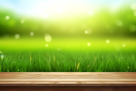 Green grass on wooden background, beautiful landscape with the sun shining down. Illustration, AI-Generated.