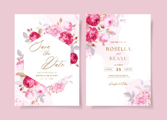 A watercolor wedding invitation card template with pink and red flowers decoration