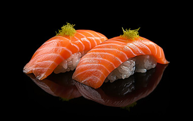 Japanese sushi, [salmon nigiri] An enchanting picture that flawlessly captures the mouthwatering and juicy qualities of two pieces of salmon nigiri, showcasing the art of food photograph　Generative AI