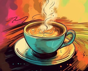 Coffee still life illustration, drawing in vibrantly colors