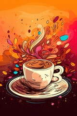Coffee still life illustration, drawing in vibrantly colors