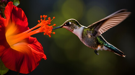 Fototapeta premium macro hummingbird feeding on an hibiscus flower Generative AI