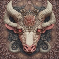 A rose in the center of the bull monster's head. Decorative rosette, with arabesques and a fantastic animal. The brown beast.