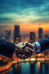 two men shaking hands over a cityscape