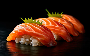  Japanese sushi, [salmon nigiri]  An awe-inspiring image displaying three succulent salmon nigiri sushi, expertly photographed to highlight the artistry of gourmet food.　Generative A