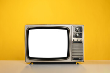 Vintage old TV with white screen on yellow background, front view