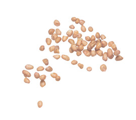 Peanut flying explosion, brown grain peanuts explode abstract cloud fly. Beautiful complete seed pea peanut splash in air, food object design. Selective focus freeze shot white background isolated